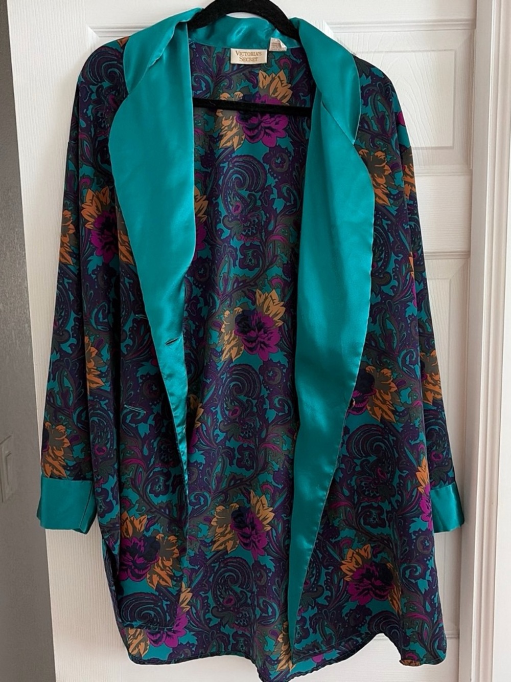 Vintage Victoria's Secret Teal Satin-Trim Floral Blazer/kimono